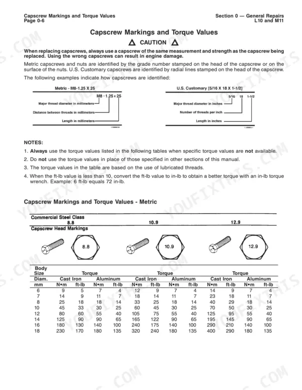 Cummins L10, M11 capscrew markings and metric torque values table for 8.8, 10.9, and 12.9 grade steel class fasteners.