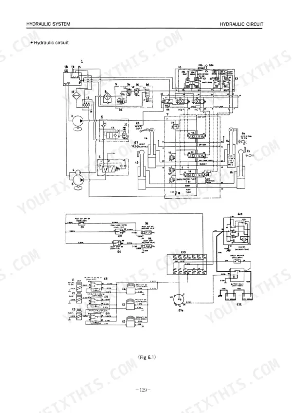 Daewoo DB58T, MEGA200 hydraulic system circuit diagram showing hydraulic pumps, control valves, and electrical solenoid connections.