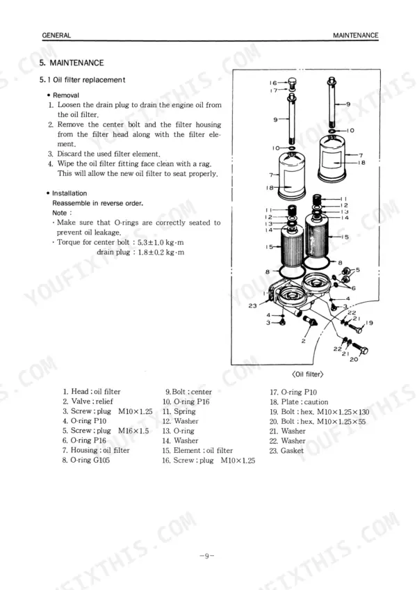 Daewoo DB58T, MEGA200 oil filter replacement procedure, exploded view diagram, and parts list with torque specifications.