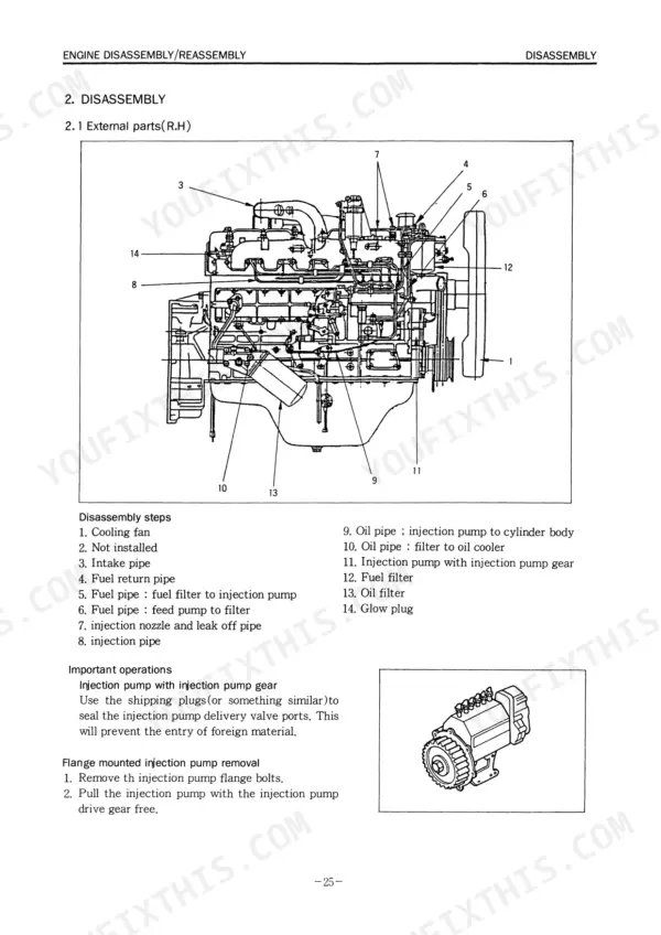 Daewoo DB58T, MEGA200 engine disassembly diagram showing external parts, fuel system components, and injection pump removal steps.
