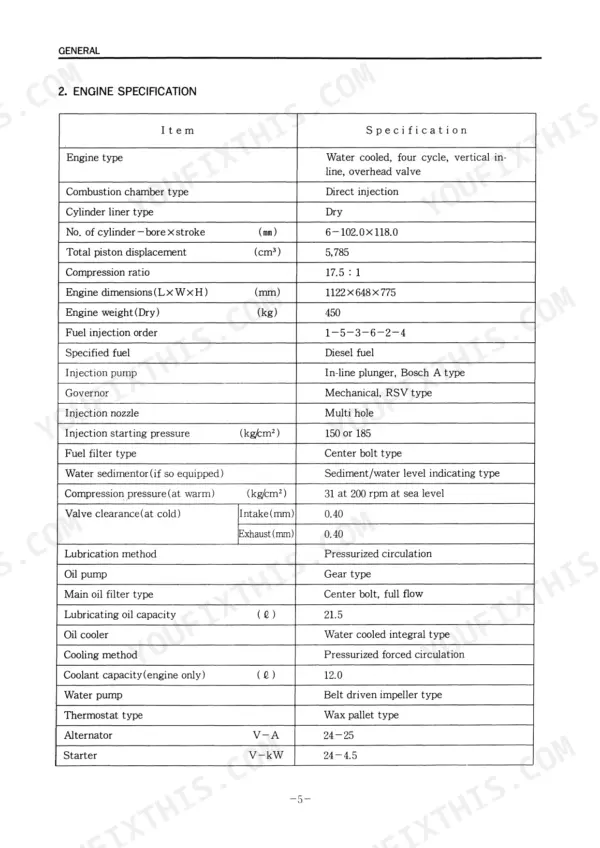 Daewoo DB58T, MEGA200 engine specification table listing dimensions, fuel injection, lubrication, and cooling system data.