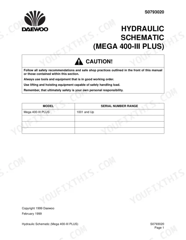 Daewoo Mega 400-III Plus hydraulic schematic safety caution and serial number range table.