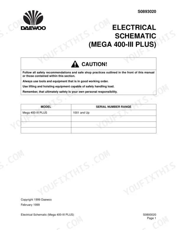 daewoo-mega-400-iii-plus-wheel-loader-shop-manual-4023-7130e-wiring-525.webp Daewoo Mega 400-III Plus electrical schematic cover page with safety caution and serial range.
