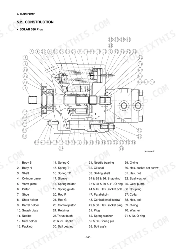 daewoo-solar-030-plus-solar-035-hydraulic-excavator-service-manual-exploded-view-55.webp Daewoo SOLAR 030 PLUS, SOLAR 035 main pump construction exploded view diagram with numbered component parts list.