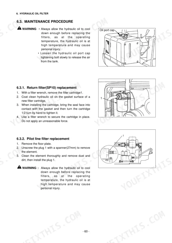 Daewoo SOLAR 030 PLUS, SOLAR 035 hydraulic oil filter maintenance procedures, return filter and pilot line filter replacement.