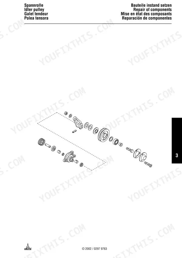 Deutz 912, 913 exploded view diagram of the idler pulley and component repair assembly.