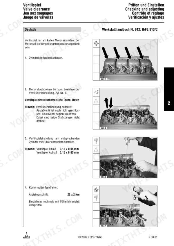 Deutz 912, 913 manual page showing valve clearance adjustment procedures, torque specs, and engine photos.