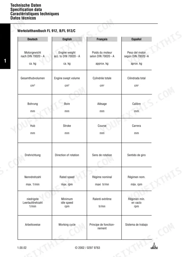 Deutz 912, 913 specification table for engine weight, volume, bore, stroke, rotation, and speed.