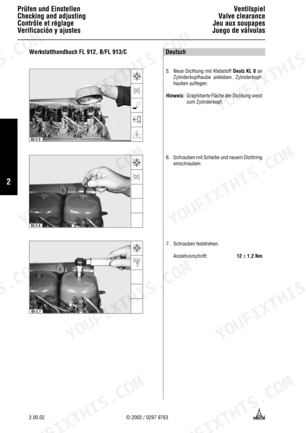 Deutz 912, 913 manual showing cylinder head cover installation, gasket application, and 12 Nm torque procedure.