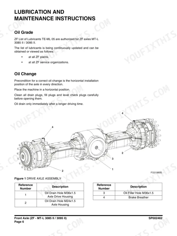 doosan-dl420-3-wheel-loader-shop-manual-950106-00437e-axles-and-driveshaft-726.webp Doosan DL420-3 wheel loader Front drive axle assembly (ZF MT-L 3085 II / 3095 II) with oil drain, filler and breather points