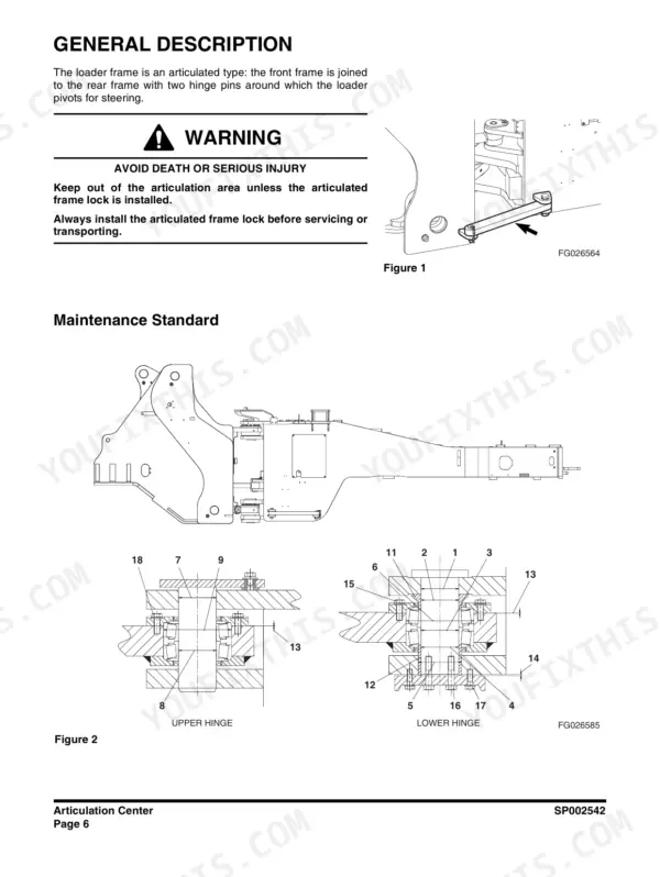 Doosan DL550-3 wheel loader Articulation center: front and rear frames joined by two hinge pins