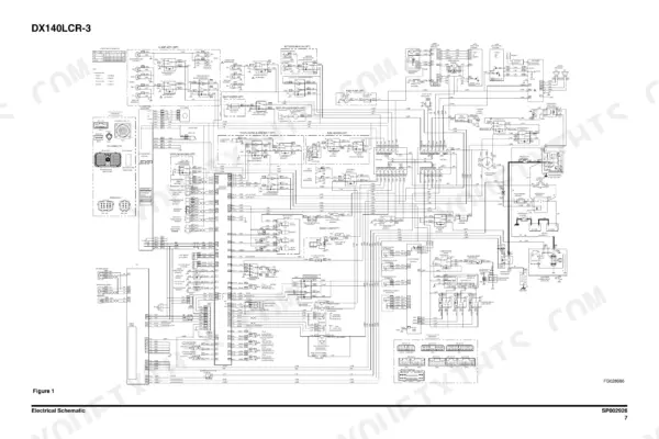 Doosan DX140LCR-3 excavator Fold-out electrical schematic with controllers, relays, switches and optional circuits