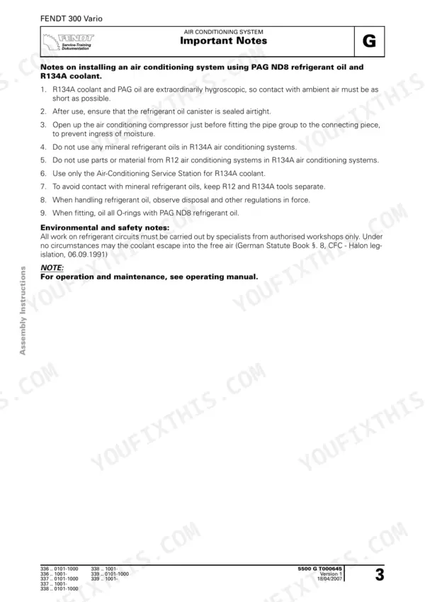 fendt-309-312-vario-com-iii-tractor-workshop-manual-air-conditioning-system-group-5500-371.webp Fendt 309, 310, 311, 312 Vario tractor Air conditioning system important notes on PAG ND8 refrigerant oil and R134A coolant