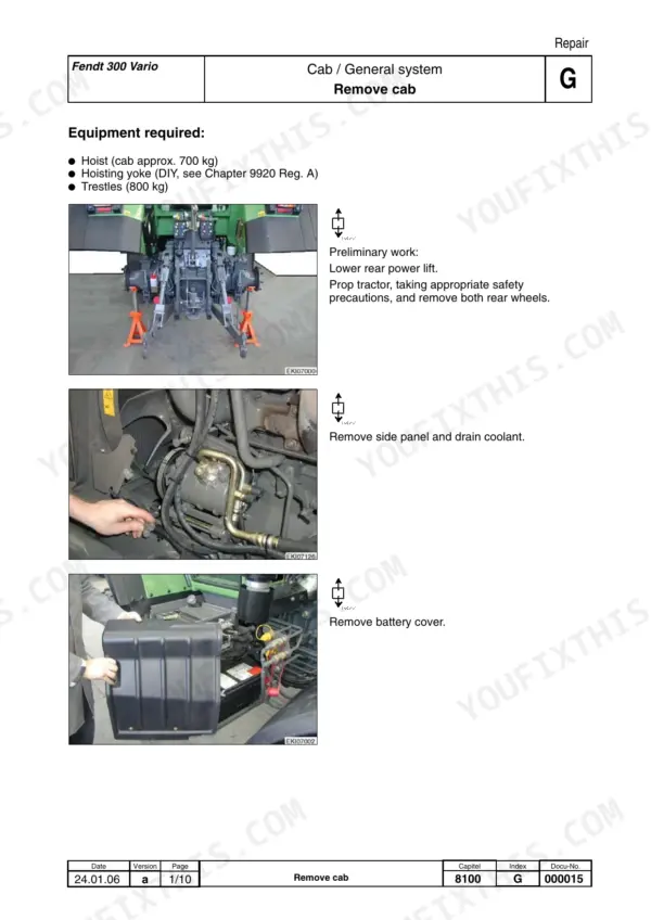 Fendt 309, 310, 311, 312 Vario tractor Cab removal: equipment required and preliminary work with photos