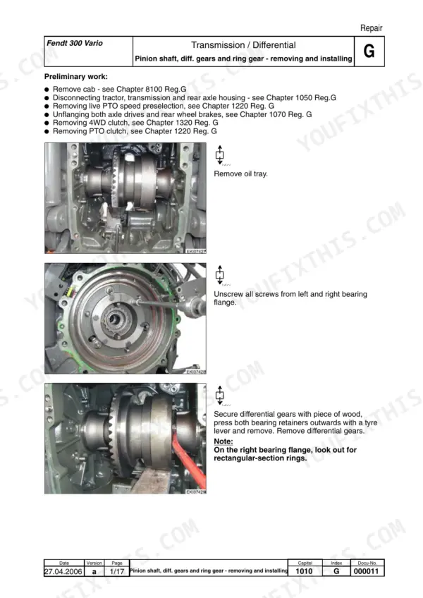 Fendt 309, 310, 311, 312 Vario tractor Pinion shaft, differential gears and ring gear removal and installation photos