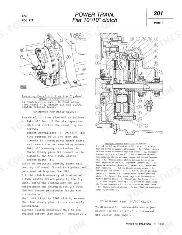 Fiat 450 10/10 inch clutch removal, refitting, and adjustment procedures diagram.