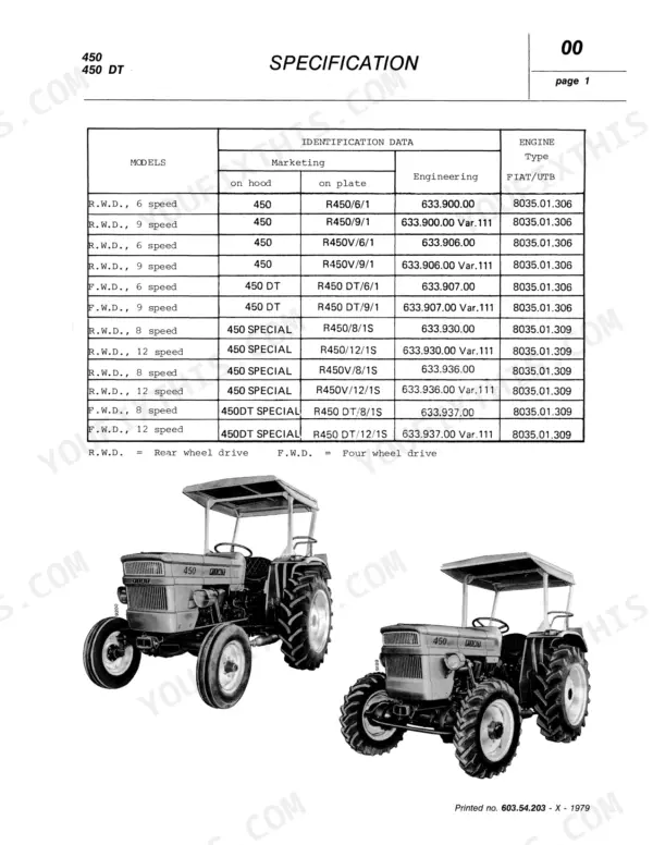Fiat 450 identification data table showing engine types and model specifications.