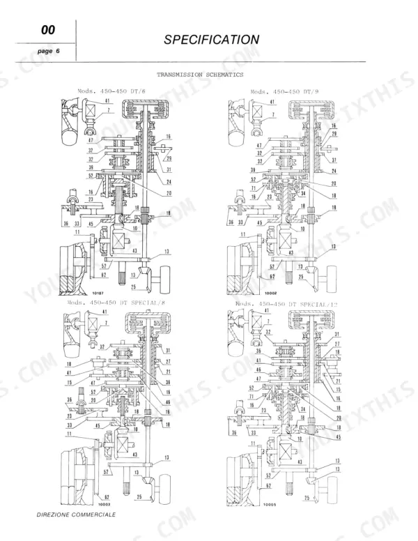 Fiat 450 transmission schematics showing gear and shaft assembly diagrams.