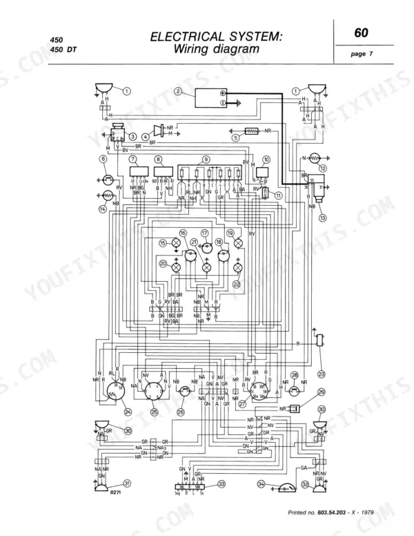 fiat-450-450-dt-450-special-450-dt-special-tractor-shop-manual-603-54-203-wiring-121.webp Fiat 450 electrical system wiring diagram showing numbered components and connections.