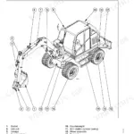 Fiat Kobelco EX95W wheel excavator Basic components of the wheeled excavator with monoblock boom, numbered side view with parts legend
