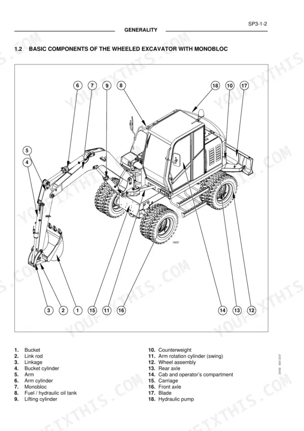 fiat-kobelco-ex95w-wheel-excavator-repair-manual-characteristics-and-technical-data-64.webp Fiat Kobelco EX95W wheel excavator Basic components of the wheeled excavator with monoblock boom, numbered side view with parts legend