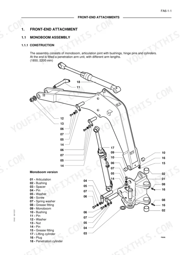 Fiat Kobelco EX95W wheel excavator Monoboom assembly exploded view with articulation, pins, bushings, lifting and penetration cylinders