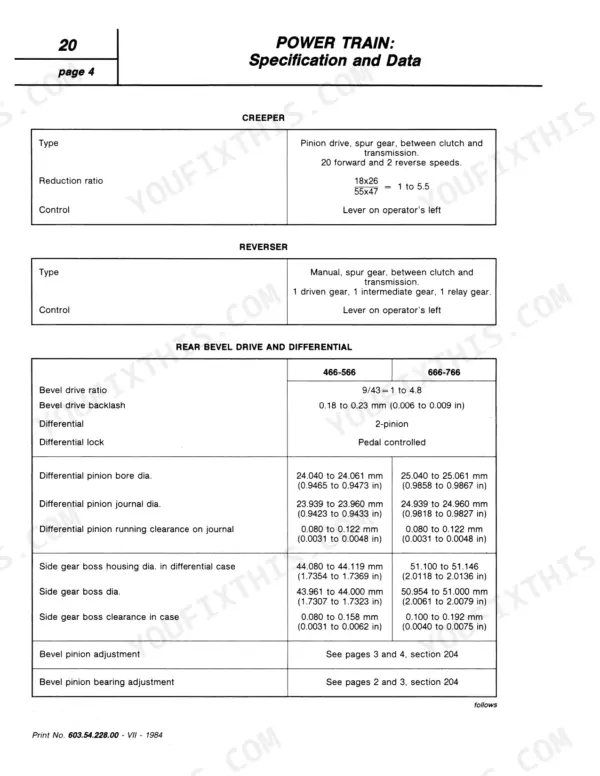 Fiat 466–766 (incl. DT) powertrain specs table for creeper, reverser, and rear bevel drive differential.
