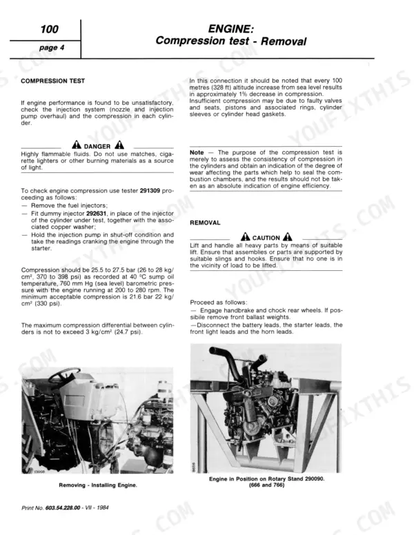 Fiat 466–766 (incl. DT) engine compression test procedures and engine removal instructions.
