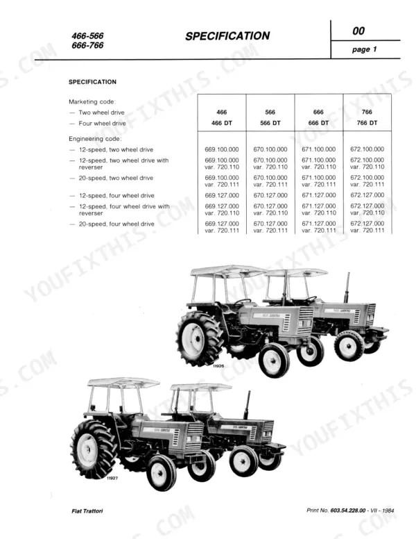 Fiat 466–766 (incl. DT) specification table showing marketing and engineering codes for tractor models.