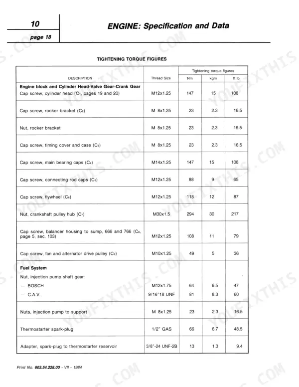 Fiat 466–766 (incl. DT) engine tightening torque figures table for cylinder head and fuel system.