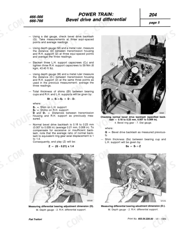 fiat-trattori-466-variants-tractor-shop-manual-603-54-228-00-wiring-119.webp Fiat 466–766 (incl. DT) bevel drive and differential adjustment procedures and measurements.