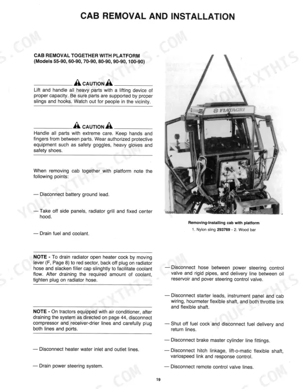 Fiat 55-90 to 180-90 service manual: Cab removal and installation procedure with safety cautions and component disconnection steps.