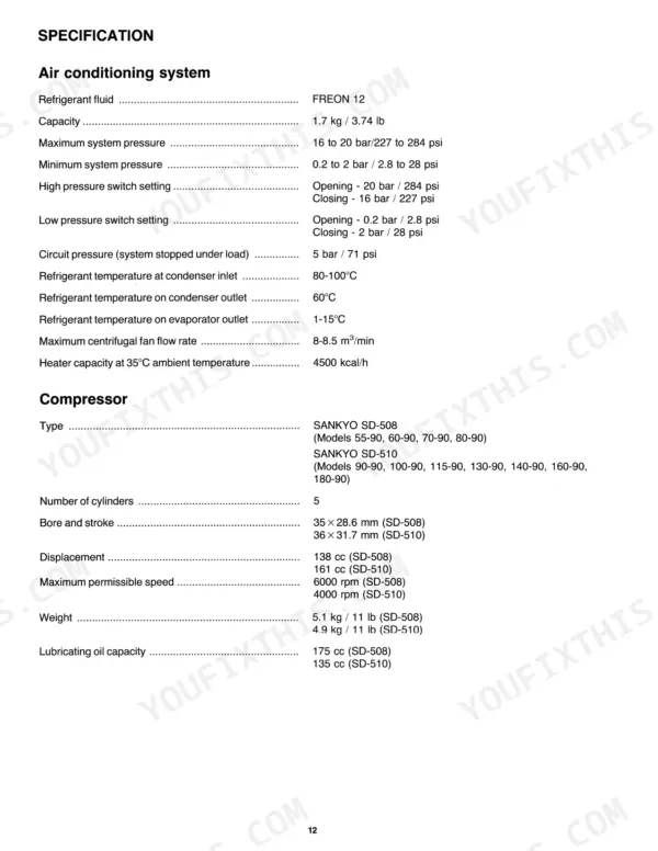 Fiat 55-90 to 180-90 service manual: Air conditioning system and compressor specifications table including Sankyo SD-508 and SD-510 data.
