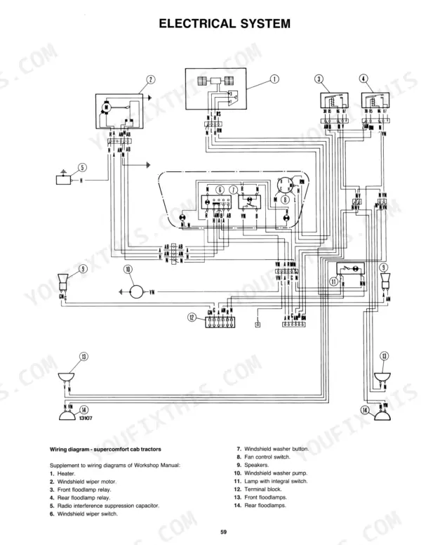 fiatagri-55-90-variants-wheeled-tractor-service-manual-603-54-245-00-wiring-63.webp Fiat 55-90 to 180-90 electrical system wiring diagram for supercomfort cab tractors showing wiper, floodlamp, and fan controls.