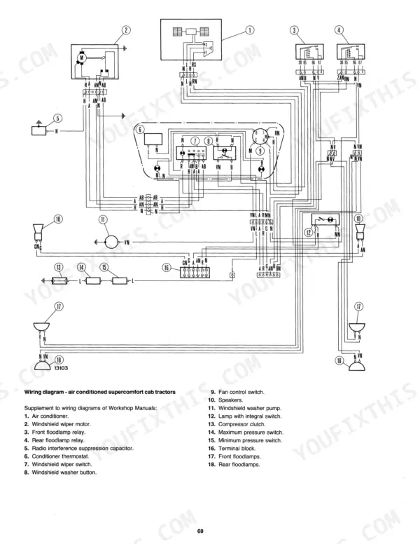 Fiat 55-90 to 180-90 wiring diagram for air conditioned supercomfort cab tractors, showing wiper, floodlamp, and AC electrical circuits.