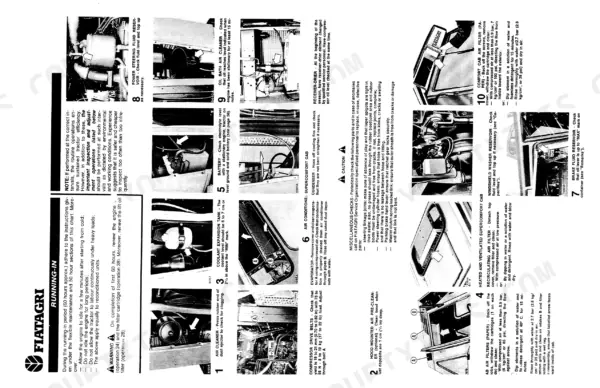 Fiat 90-90, 100-90 maintenance guide showing inspection procedures for air filters, coolant, battery, AC, and fluid reservoirs.