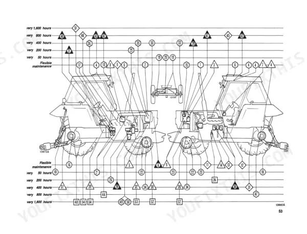 fiatagri-90-90-100-90-tractor-operator-manual-603-64-159-00-maintenance-55.webp Fiat 90-90, 100-90 maintenance schedule diagram showing lubrication and service points by hour interval.