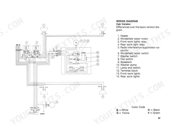 Fiat 90-90, 100-90 wiring diagram for cab version showing heater, wiper motor, and work light relays.