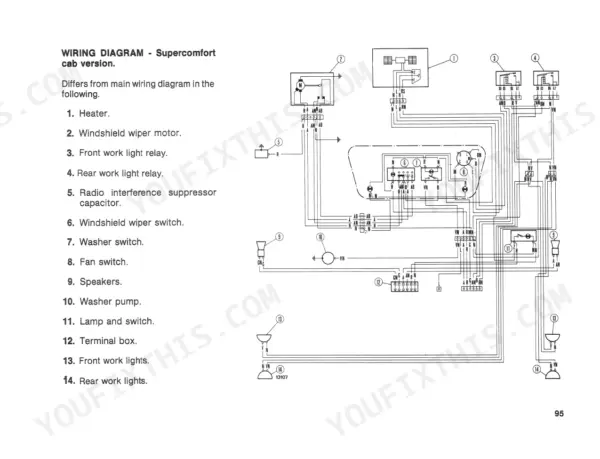 Fiat 90-90, 100-90 Supercomfort cab wiring diagram for heater, wipers, lights, and switches.