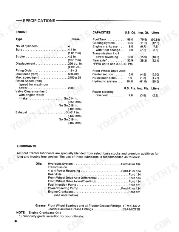 Ford 655A engine specifications, fluid capacities, and recommended lubricant types table.