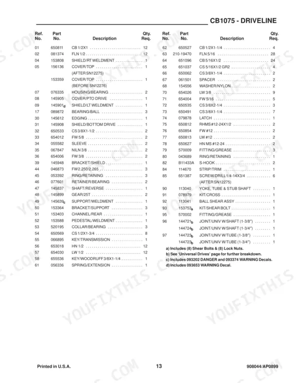 Gehl 1075, CB1075 parts list for driveline components including shields, bearings, gears, and universal joints.