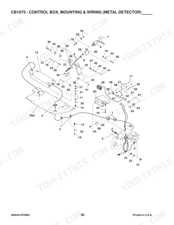 Gehl 1075, CB1075 exploded view of control box, mounting, and wiring for the metal detector system with numbered parts.