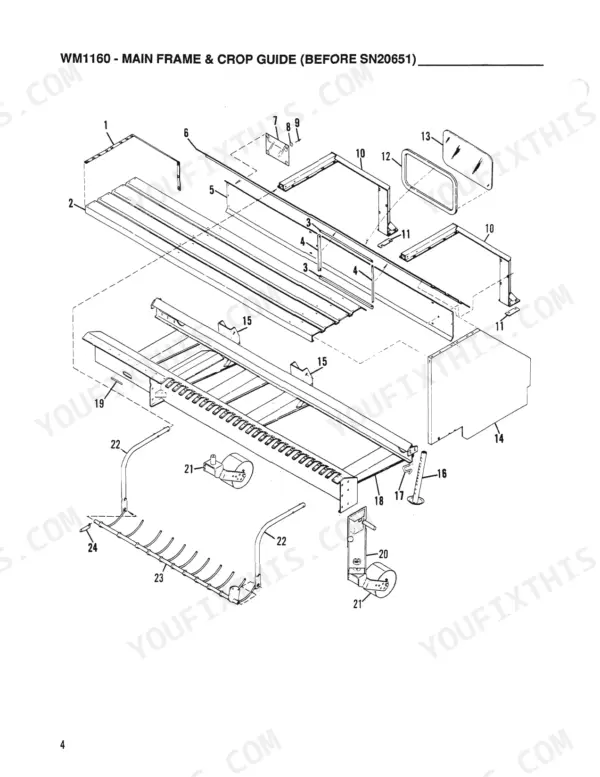 gehl-1160-windrow-merger-parts-catalog-904197-chassis-parts-6.webp Gehl 1160, WM1160 exploded view of main frame and crop guide components for units before serial number 20651.