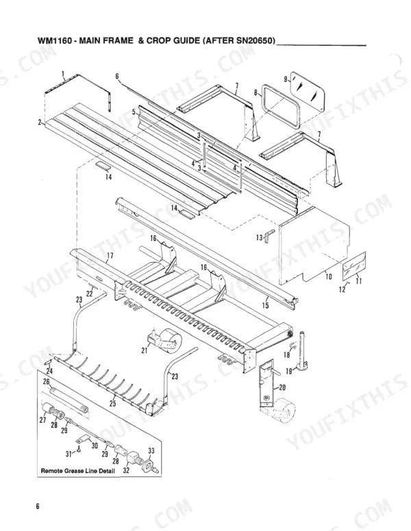 Gehl 1160, WM1160 exploded view of main frame and crop guide assembly with remote grease line detail.