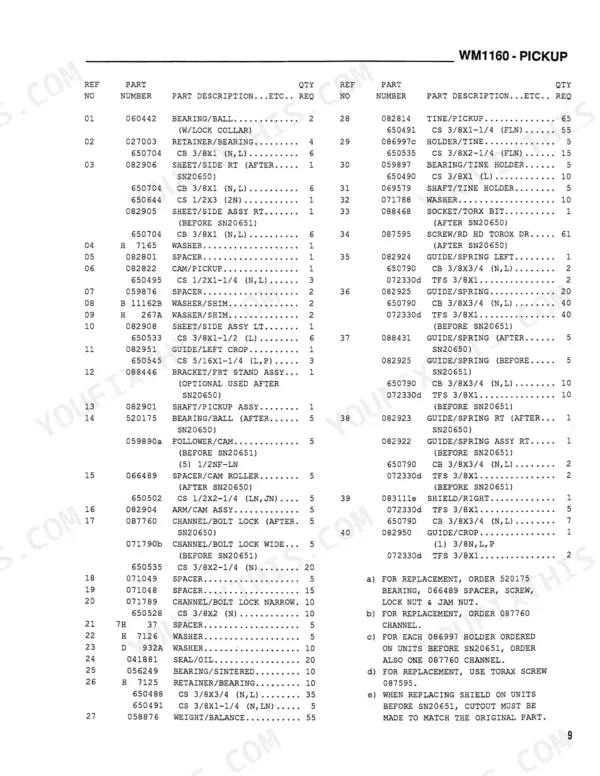 Gehl 1160, WM1160 parts list for pickup assembly, detailing reference numbers, part descriptions, and quantities required.
