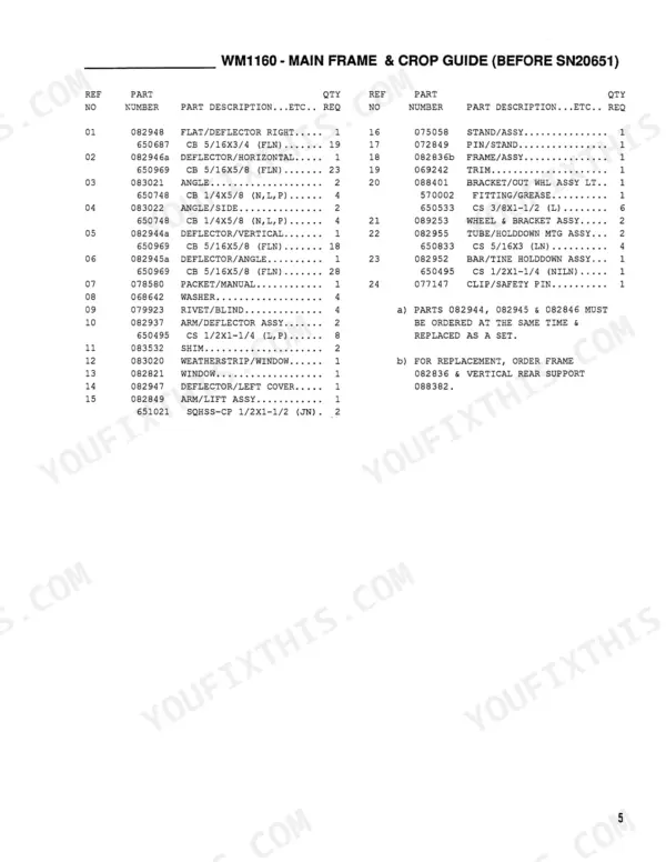 Gehl 1160, WM1160 parts list for main frame and crop guide components before serial number 20651.