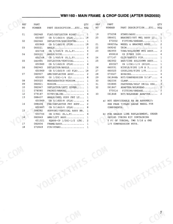 Gehl 1160, WM1160 parts list for main frame and crop guide components after serial number 20650 with reference numbers.