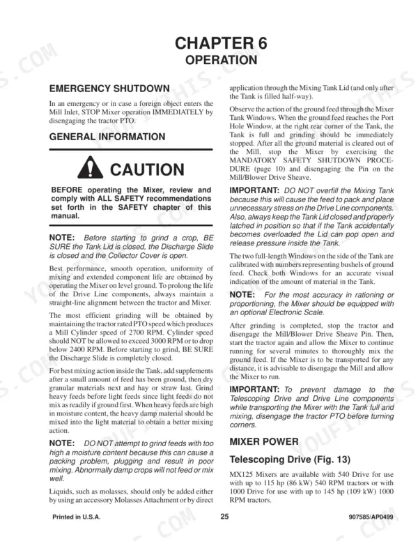 Gehl 125 Mix-all operator manual page covering emergency shutdown, mixing procedures, PTO speed, and telescoping drive power.