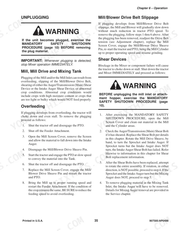 Gehl 125 Mix-all operator manual page detailing procedures for unplugging the mill, blower drive belt, and shear devices.