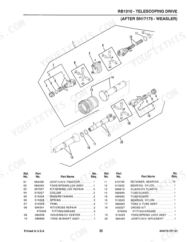 Gehl 1310, RB1310 exploded view of Weasler telescoping drive shaft assembly with parts list for SN17175 and later.
